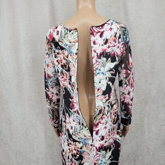 L'AGENCE Silk Floral Midi Dress with Mesh Long Sleeves Black Women's Size 8 - Picture 9 of 12